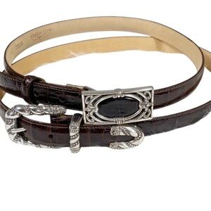 Vintage 90s Brighton Brown Croc Animal Print Leather Preppy Belt Set of 2 Size S